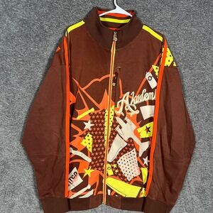 Akademiks VTG Y2K Mens 3XL Full Zip Jacket Brown Orange Yellow Graphic Bomber